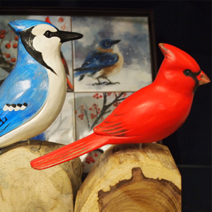 Aviology Wood Carved Cardinal and Blue Jay